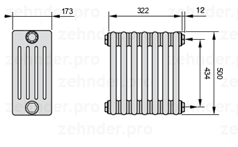 Схема (чертеж) Радиатор Zehnder Charleston 5050/7 №7610 Белый глянцевый RAL 9016